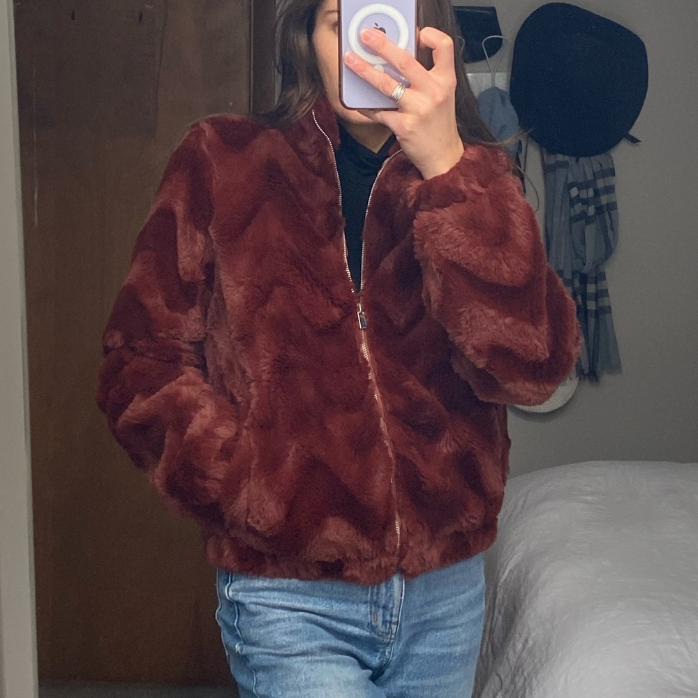 Rust red faux fur bomber jacket size S